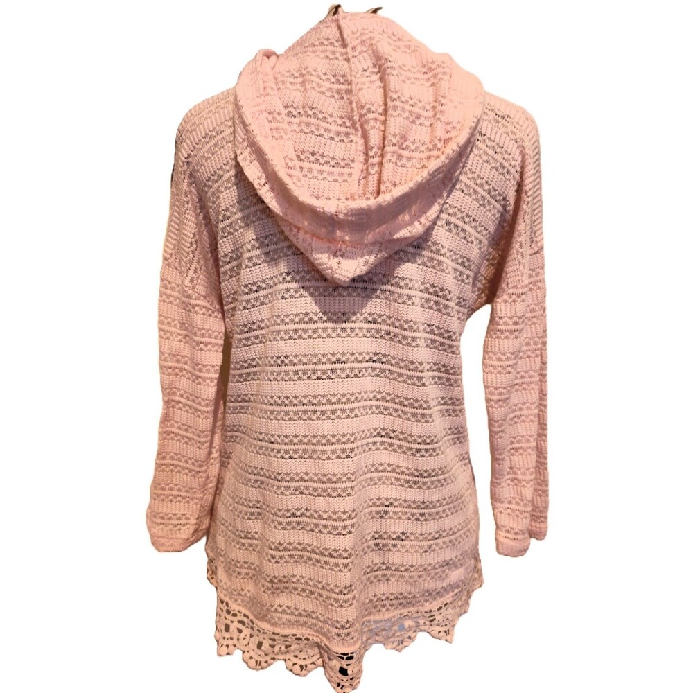 Delicate Pink Lacey Sweater Hoodie Overlay w Embroidered Scalloped Lace Trim Med